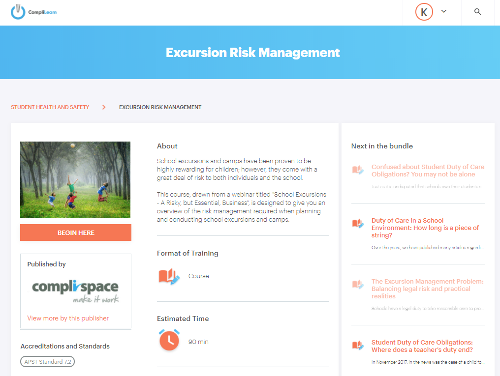 CompliSpace Excursion Risk Management Course in CompliLearn